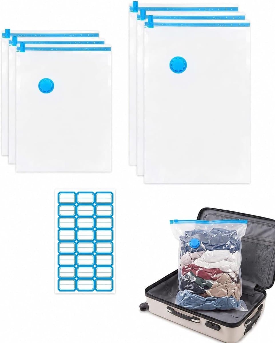 6 ruimtebesparende vacuümzakken voor reizen (3 van 30 x 40 cm en 3 van 40 x 60 cm) met zelfklevende etiketten, waterdichte zakken ter bescherming van kleding voor koffer en kast — afbeelding 1
