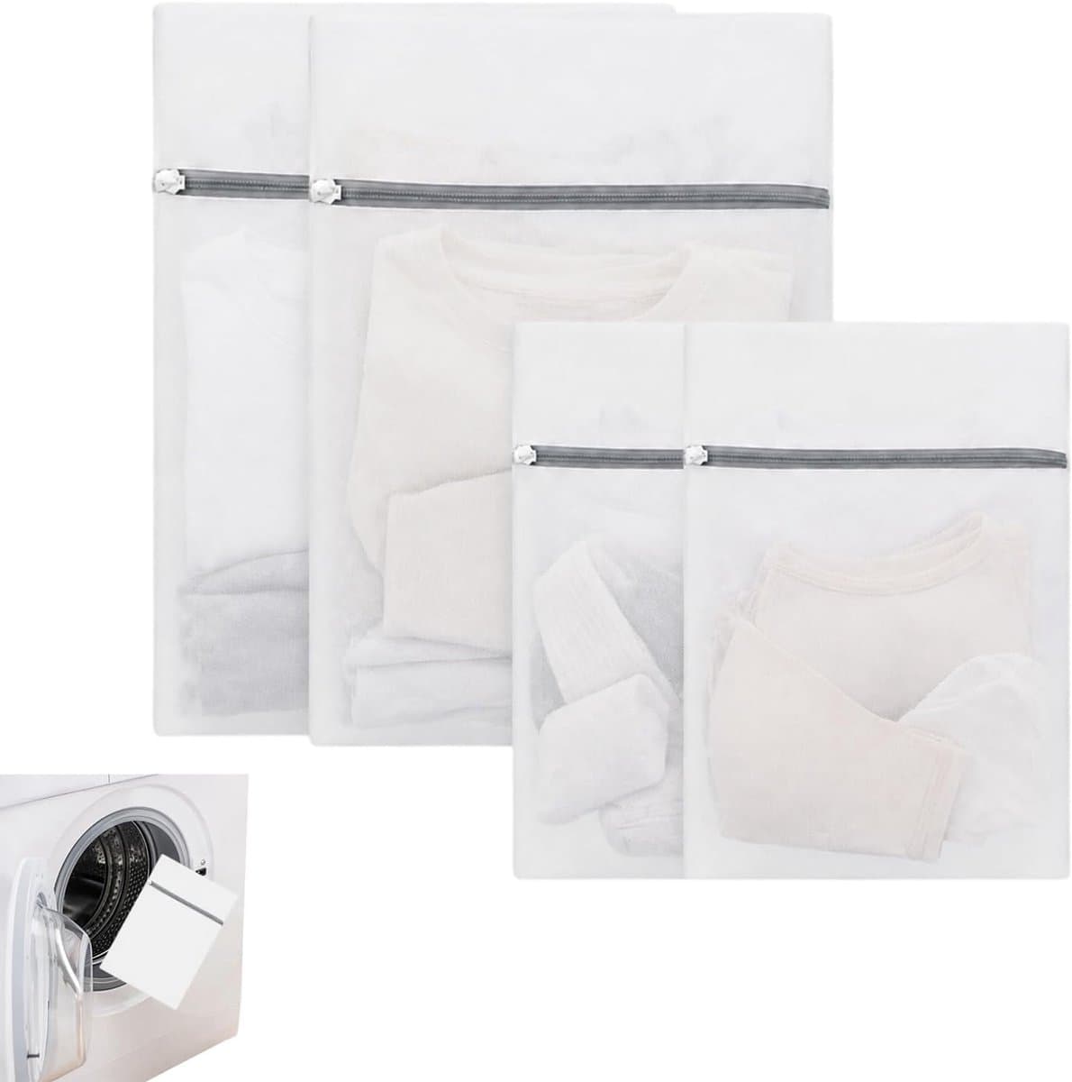 Set Van 4 Herbruikbare Wasfilets Voor Wasmachine, Linnenfilet in Fijn Mesh Met Beveiligde Flitssluiting, Linnenzakken Voor Onderkleding, Lingerie, Delicate Kleding — afbeelding 1