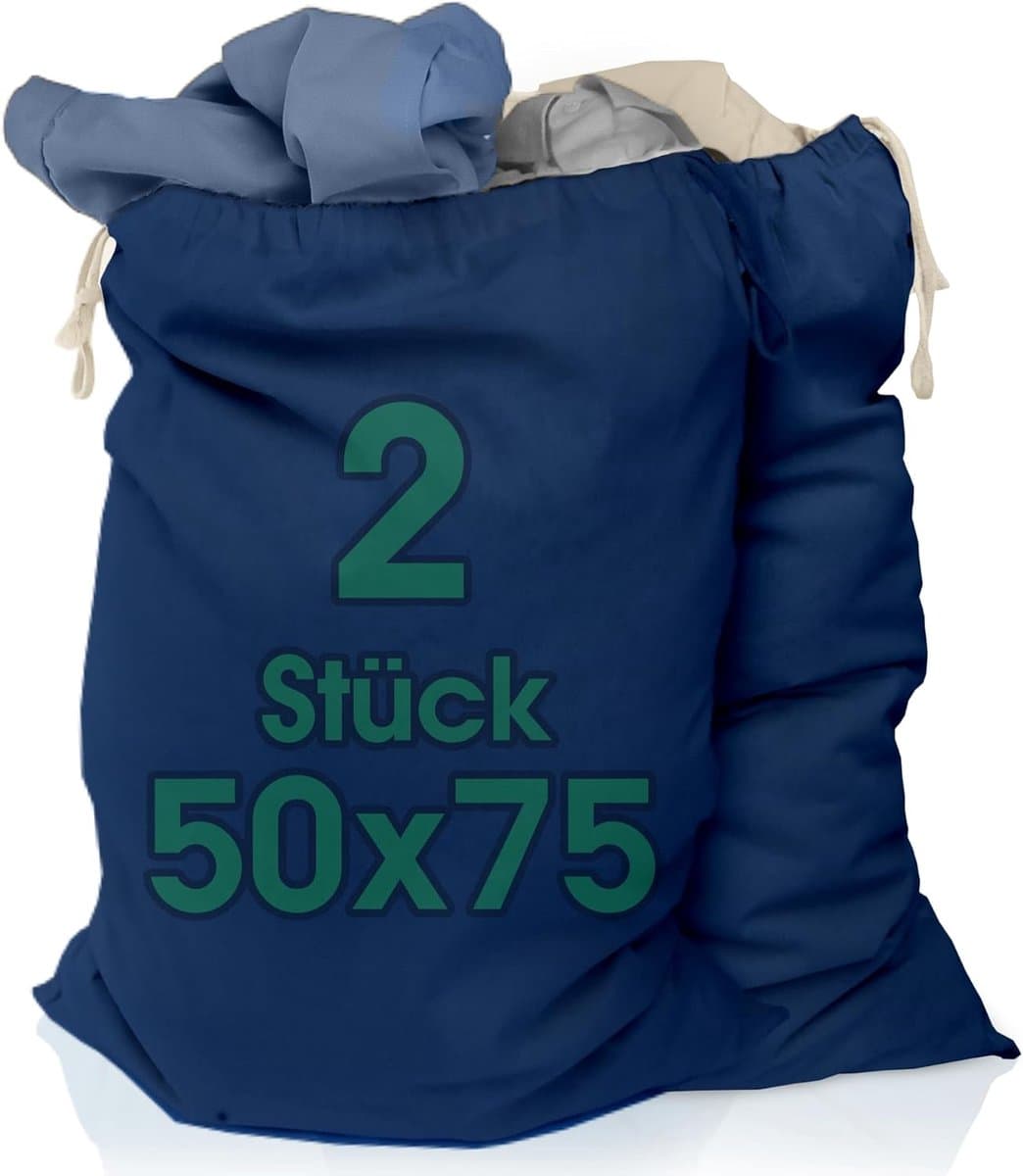 SnelShoppen - Set van 2 Extra Grote Waszakken 50x75 cm van 100% Katoen, Duurzaam met Trekkoord, Donkerblauw, Ideaal voor Reis en Thuisgebruik — afbeelding 1