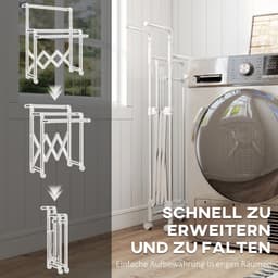 OKWISH Droogtoren – Verstelbare Stangen – 150 x 103 x 197 cm – Roestvrij Staal – Zilver – Opvouwbaar Voor Binnen En Buiten – Met Wielen — thumbnail 5