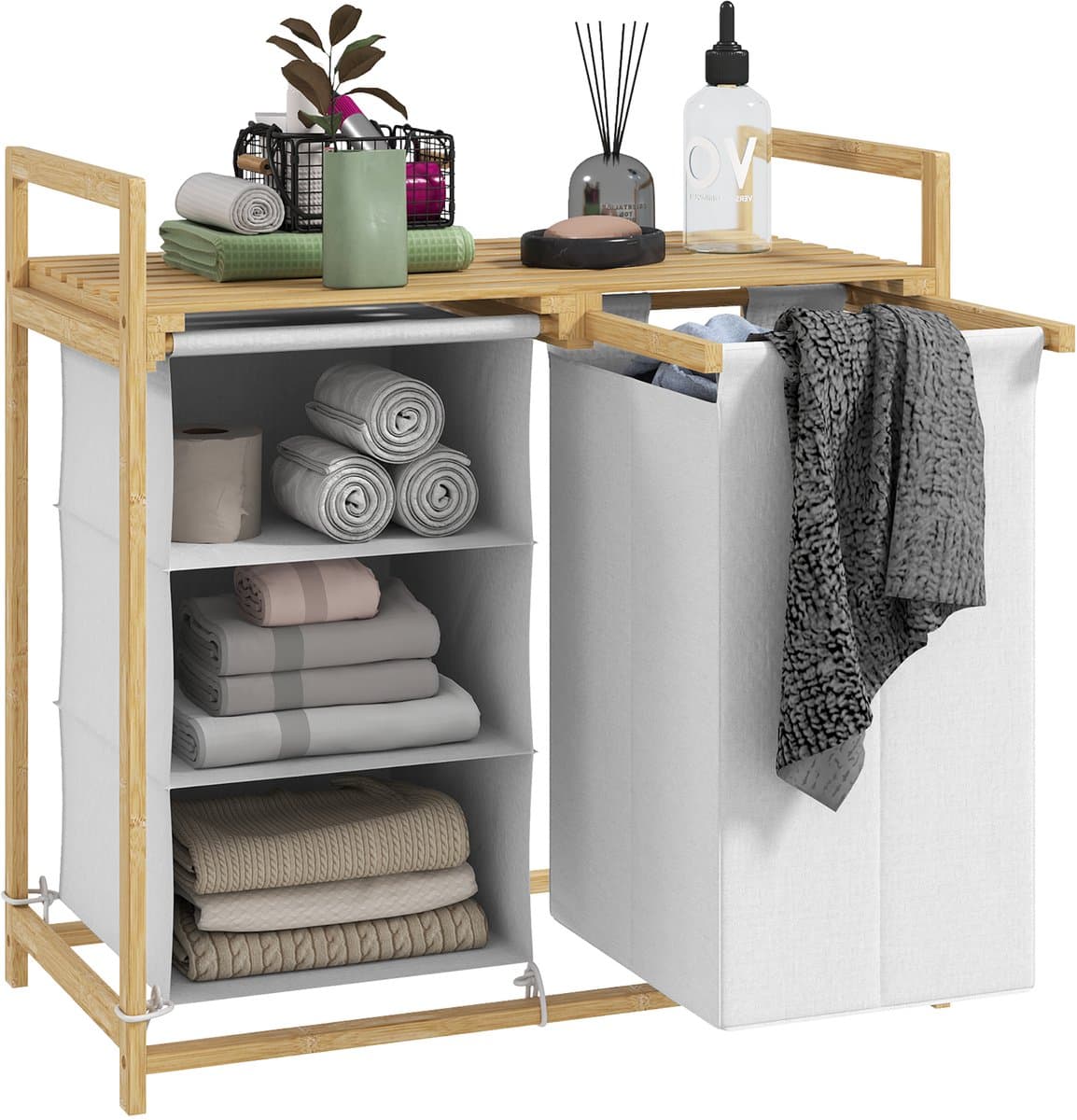 Wasmand met waszak-stoffen lade-bamboe-70x36x70 cm-wit/hout — afbeelding 1