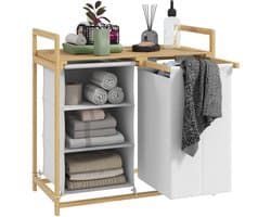 Wasmand met waszak-stoffen lade-bamboe-70x36x70 cm-wit/hout