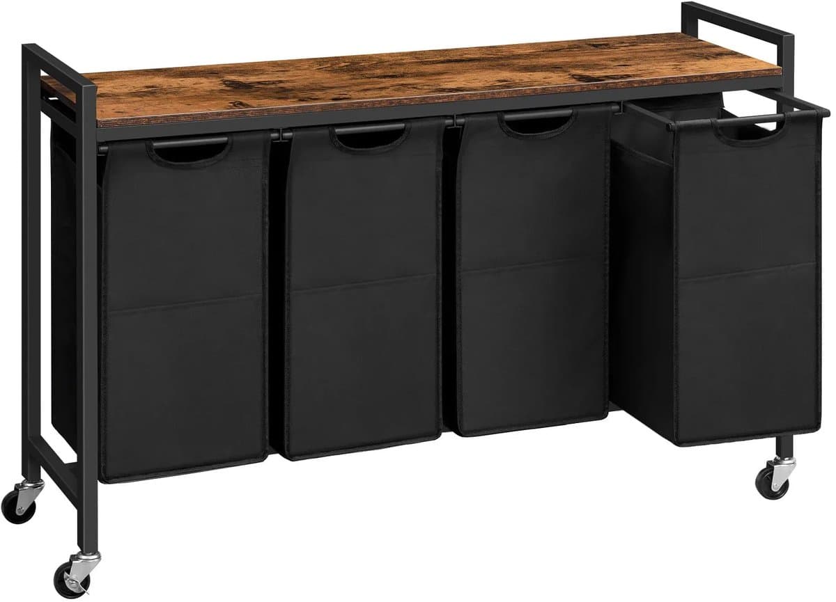 Home & Beyond® Wassorteerder met 4 Vakken en Bovenblad - Wasmand op Wielen met Uitneembare Waszakken - Zwart en Vintage Houtlook - 110,5 x 33 x 74,5 cm — afbeelding 1