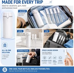 4-in-1 reisdispenser, reisdispenser om te vullen, lekvrij, geschikt voor toilettas en reisflessen, biedt ruimte voor shampoo, lotion, spoeling, douchegel enz. (wit) — thumbnail 2
