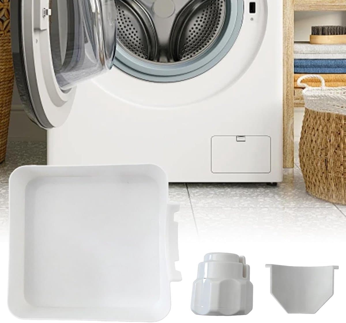 Wasmachine Afvoeropvangbak - Universele Wasmachine Lekbak - Afvoer Trechter voor Wateropvang - Druppelbak voor Pluizenfilter - Herbruikbaar Kunststof - De driedelige set omvat de stromingsgeleider en de moer - wit — afbeelding 1