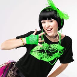 jaren 80 kostuum accessoires set, lippen print T-shirt kant hoofdband oorbellen ketting armband voor jaren 80 themafeest (fluorescerend groen, L) — thumbnail 3