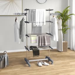Grijze Wastoren 142 x 55 x 172 cm, Wasrek met 5 Niveaus, Opvouwbaar Droogrek met 6 Wielen, Inklapbaar Wasdroogrek, Verstelbare Etages, Sokkenhouders, Kledingrek voor Wasgoed, Badkamer en Balkon — thumbnail 5