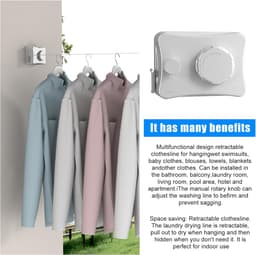 waslijn, 5,1 m intrekbare waslijn, uittrekbare waslijn, wandmontage waslijn, wasrek met roestvrijstalen kabel, opslaggewicht 20 kg, voorkomt doorhangen (wit) — thumbnail 4