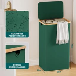 Bamboe Wasmand - Met Deksel en Waszak - Opvouwbaar Smal en Hoog - 85L Groen — thumbnail 2