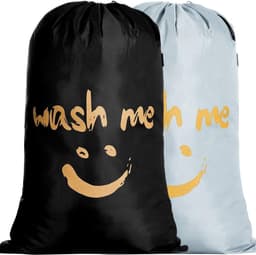 Set van 2 Waszakken met Trekkoord voor Reis en Thuis - Sterke RIP Stop Waszak met Smiley Design 66 x 96 cm Zwart/Zilver — thumbnail 1