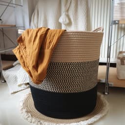 Veelzijdige Katoentouw Geweven Opbergmand met Handvatten - Perfect voor Speelgoed, Was en Schoenen - 35 cm Diameter x 40 cm Hoogte-bruin/zwart — thumbnail 4