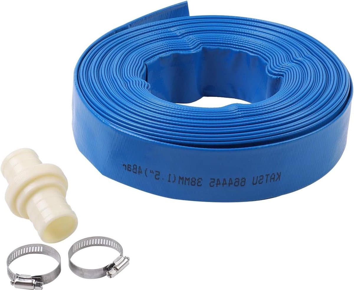 Platte afvoerslang 20 m x 38 mm met 2 klemmen - voor dompel- en andere waterpompen - vijvers tuinirrigatie - blauw — afbeelding 1