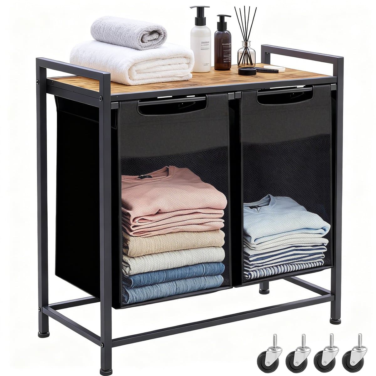 Dubbele Wasmand Naast Elkaar 92L – 2 Wasmanden Met Metalen Frame en Opbergplank 73×33×72 cm – Wasgoed Organizer — afbeelding 1