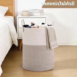 Gevlochten wasmand met handvat, ronde opbergmand voor dekens en speelgoed, 38 x 50 cm, ideaal voor woonkamer of wasruimte (wit-bruin) — thumbnail 2