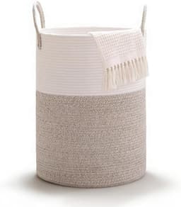 Gevlochten wasmand met handvat, ronde opbergmand voor dekens en speelgoed, 38 x 50 cm, ideaal voor woonkamer of wasruimte (wit-bruin) — thumbnail 1