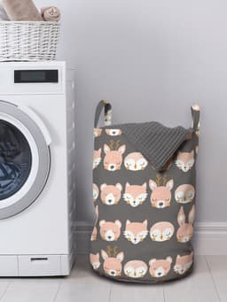 ABAKUHAUS Woody waszak, Silhouetten van slapende dieren, wasmand met handvatten, trekkoord, sluiting voor wasserettes, grijze perzik — thumbnail 3