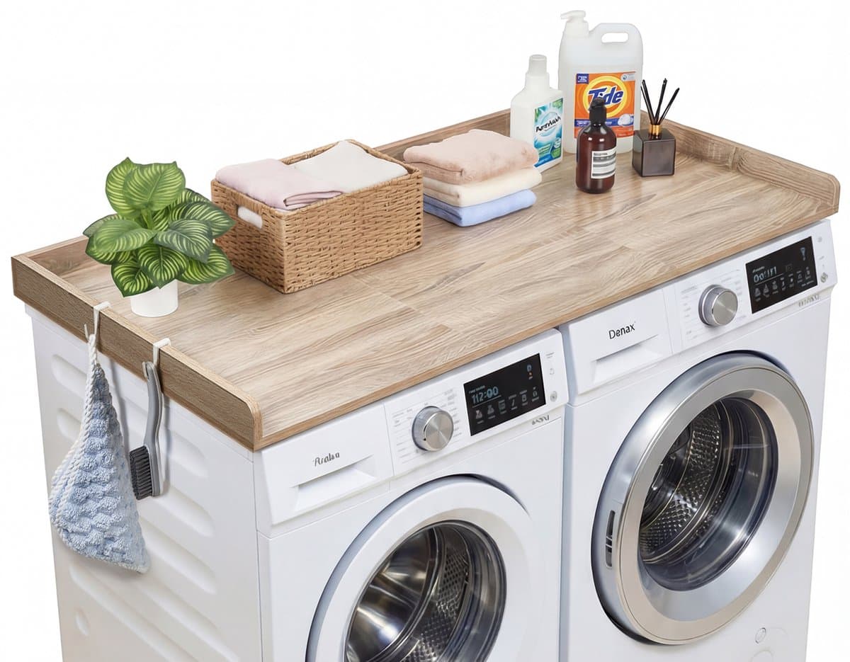VEVOR Werkblad voor Wasmachine en Droger (137 X 69,9 cm) met Opstaande Rand en Haken, voor Organisatie en Opbergruimte In Linnenkast, voorraadkast Of Keukenblad, Draagvermogen 113 Kg, Eikenlook — afbeelding 1