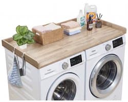 VEVOR Werkblad voor Wasmachine en Droger (137 X 69,9 cm) met Opstaande Rand en Haken, voor Organisatie en Opbergruimte In Linnenkast, voorraadkast Of Keukenblad, Draagvermogen 113 Kg, Eikenlook
