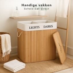 Cheqo® Wasmand met 2 Vakken - Wassorteerder - Bamboe Wasmand - Uitneembare Binnenzak - Afneembaar Deksel - 100 Liter Inhoud - Naturel Kleur - Wasmand met Deksel - Wasbare Binnenzak — thumbnail 3