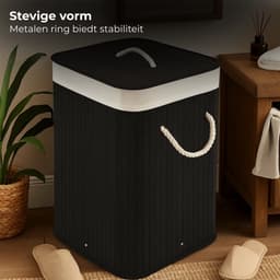 Lomera Bamboe Wasmand - Wasmand Met Deksel - Opvouwbare Wasmand - 72 Liter Capaciteit - Zwart Bamboe - Draaghengsels - Uitneembare Zak - Wasbare Binnenzak - Verstevigde Metalen Ring — thumbnail 5