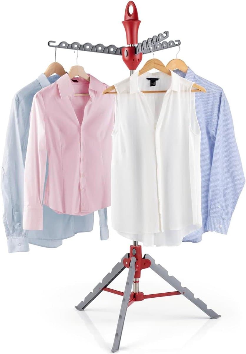 Vario clothes horse for shirts | Foldable hanger rack | Height adjustable | Clothes hooks for ironing [grey/red] — afbeelding 1