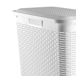 Plasticforte Smalle Wasmand met deksel Rotan - 2x - wit - gevlochten kunststof - 48 liter - 27 x 46 x 60 cm — thumbnail 3
