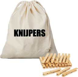 Canvas knijperzak/ opbergzakje knijpers wit/ offwhite met koord 25 x 30 cm en 120 houten wasknijpers - Knijperzak met knijpers — thumbnail 1