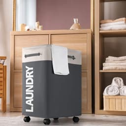 Opvouwbare wasmanden met wiel, 74 liter, large opvouwbare wasmanden, right-height, waterproof, opvouwbare wasmanden met wiel, praktische wasman (wit + donkergrijs o2) — thumbnail 3
