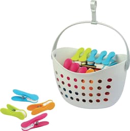 Mand met 40 clips antislip - Frans product - Mand wit - Diverse clips (groen, blauw, oranje, roze) — thumbnail 1