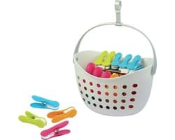 Mand met 40 clips antislip - Frans product - Mand wit - Diverse clips (groen, blauw, oranje, roze)