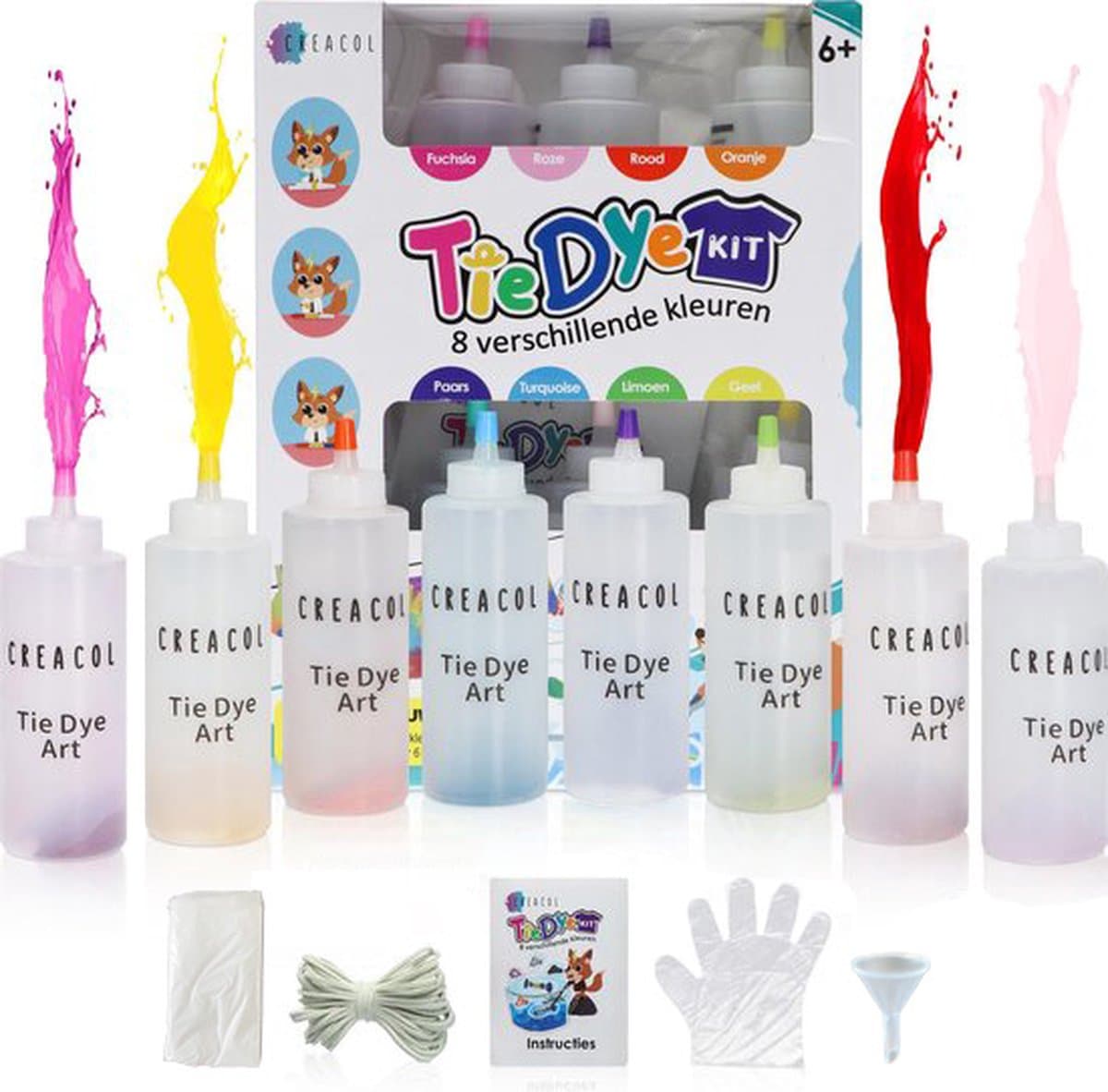 CREACOL Tie Dye Kit – 8 Kleuren 120 ml – Tie Dye Set – Knutselen Meisjes - 36+ Projecten — afbeelding 1