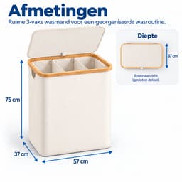 YYchan Wasmand 3 Vakken-Wasmand Met Deksel-Wassorteerder Bamboe-Oxford-Stof-Laundry Basket-Classificatielabel-Beige-160L — thumbnail 2