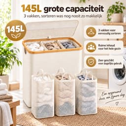 YYchan Wasmand 3 Vakken-Wasmand Met Deksel-Wassorteerder Bamboe-Oxford-Stof-Laundry Basket-Classificatielabel-Beige-145L — thumbnail 5