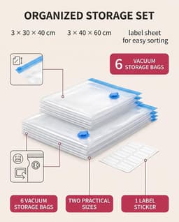6 ruimtebesparende vacuümzakken voor reizen (3 van 30 x 40 cm en 3 van 40 x 60 cm) met zelfklevende etiketten, waterdichte zakken ter bescherming van kleding voor koffer en kast — thumbnail 2