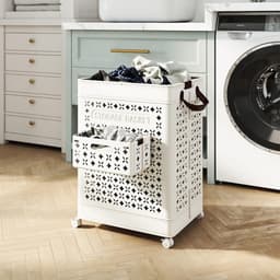 COSTWAY Wasmand op wielen, 75 liter, ruimtebesparend, opbergdoos, waterdicht, met ondergoedmand en handgrepen, opvouwbare wasmand, 43,5 x 34 x 61 cm, wit — thumbnail 4