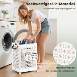 COSTWAY Wasmand op wielen, 75 liter, ruimtebesparend, opbergdoos, waterdicht, met ondergoedmand en handgrepen, opvouwbare wasmand, 43,5 x 34 x 61 cm, wit — thumbnail 3