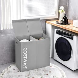 COSTWAY Wasmand met deksel, 115 liter, wasverzamelaar, 2 vakken, wasbox van vliesstof met handgrepen, 62 x 31 x 60 cm (grijs) — thumbnail 2