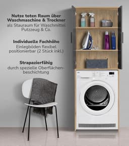 Wasmachinekast Hoge Kast - Badkamerkast Bovenkast - Ruimte Organiseren - Verstelbare Legplanken - 180x65x34 cm - Eiken Zwart — thumbnail 5