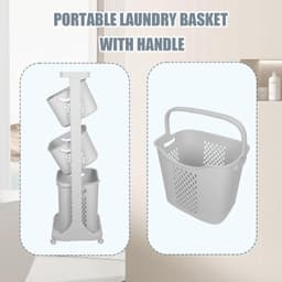 Wasmand met 3 vakken, 4 wielen, 2 kleine manden en 1 grote mand, afneembaar, wasmand met handgrepen voor badkamer, wasruimte, 44 x 33 x 110 cm — thumbnail 4