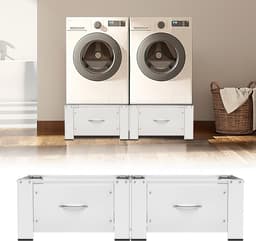 2-delige set wasmachine-onderstel, met lade, 63 x 54 x 32 cm, wit, versterkte stalen platforms elk 150 kg, grote opbergruimte 44 x 48 x 18 cm, universele onderbouw voor wasmachine/droger — thumbnail 2