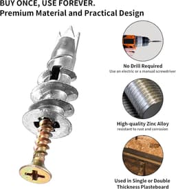 146 stuks M4 zelfborende gipsplaatpluggen, metalen gipsplaatpluggen met schroeven, holle ruimtepluggen gipsplaten pluggen met zelftappende schroeven voor bevestiging in gipsplaten, beton en baksteen — thumbnail 5
