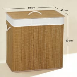 REDOM - Wassorteerder - 3 vakken - Uitneembare waszak - Deksel met handgreep - Bamboe en metaal - Bruin - 60 x 40 x 60 cm — thumbnail 2