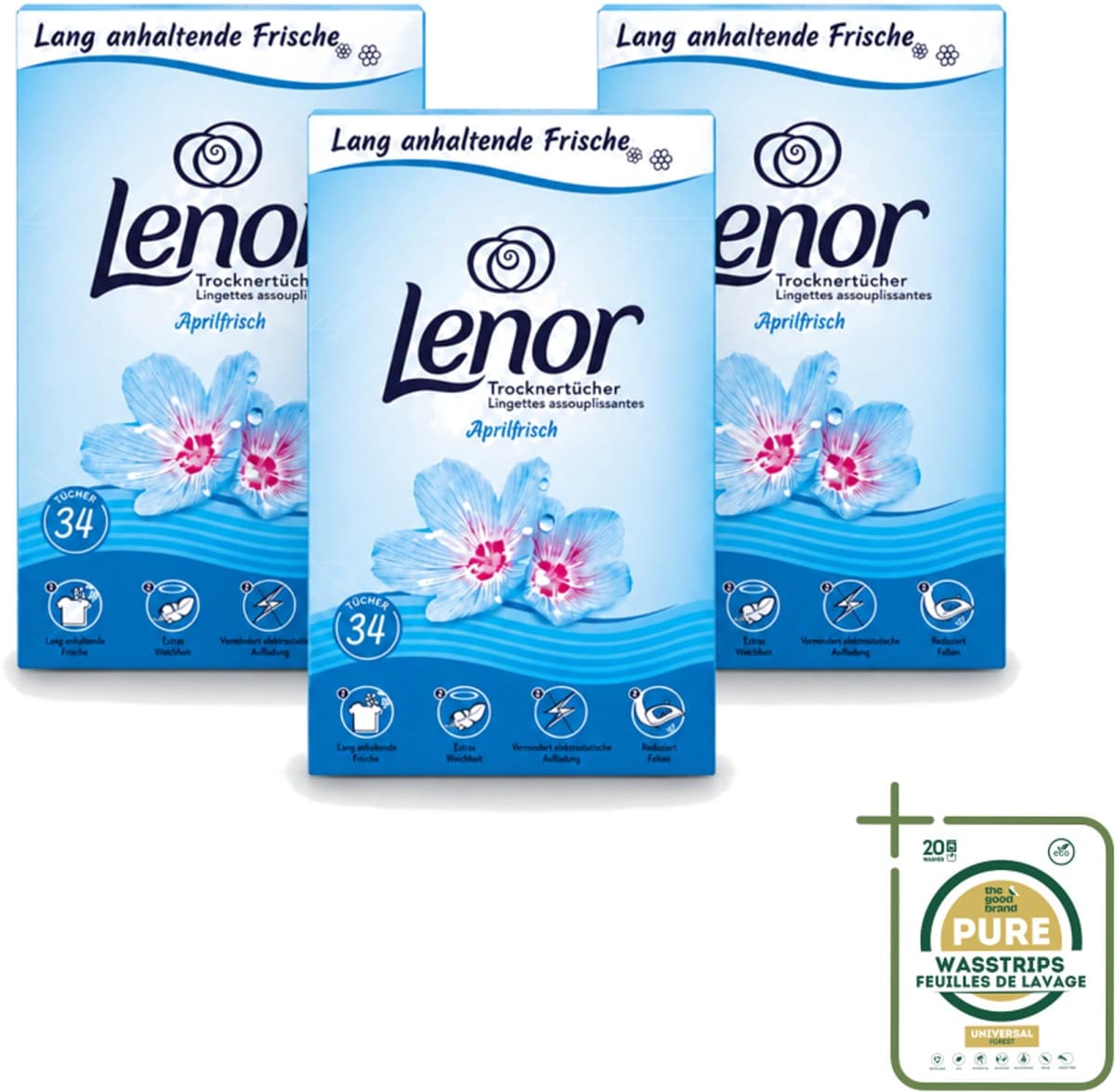 3 x Lenor - Droogtrommeldoekjes - Aprilfris - Textielverfrisser - 34 Doekjes - Wasstrips - Droogtrommeldoekjes - Wasdoekjes - Textielverfrisser - Frisheid - Statische Elektriciteit — afbeelding 1