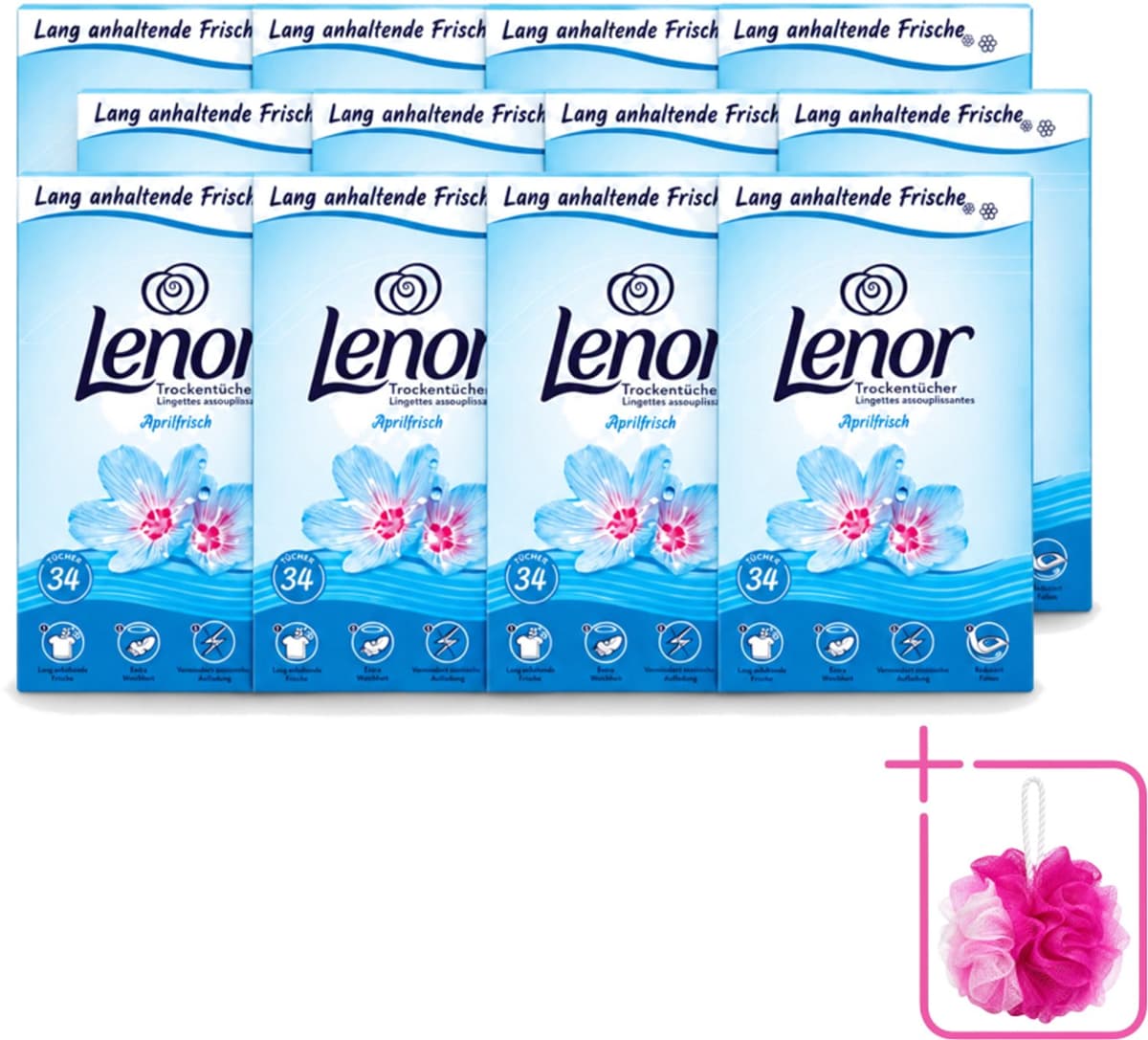 12 x Lenor - Droogtrommeldoekjes - Aprilfris - Textielverfrisser - 34 Doekjes - Bulkverpakking - Droogtrommeldoekjes - Douchemop - Frisheid — afbeelding 1