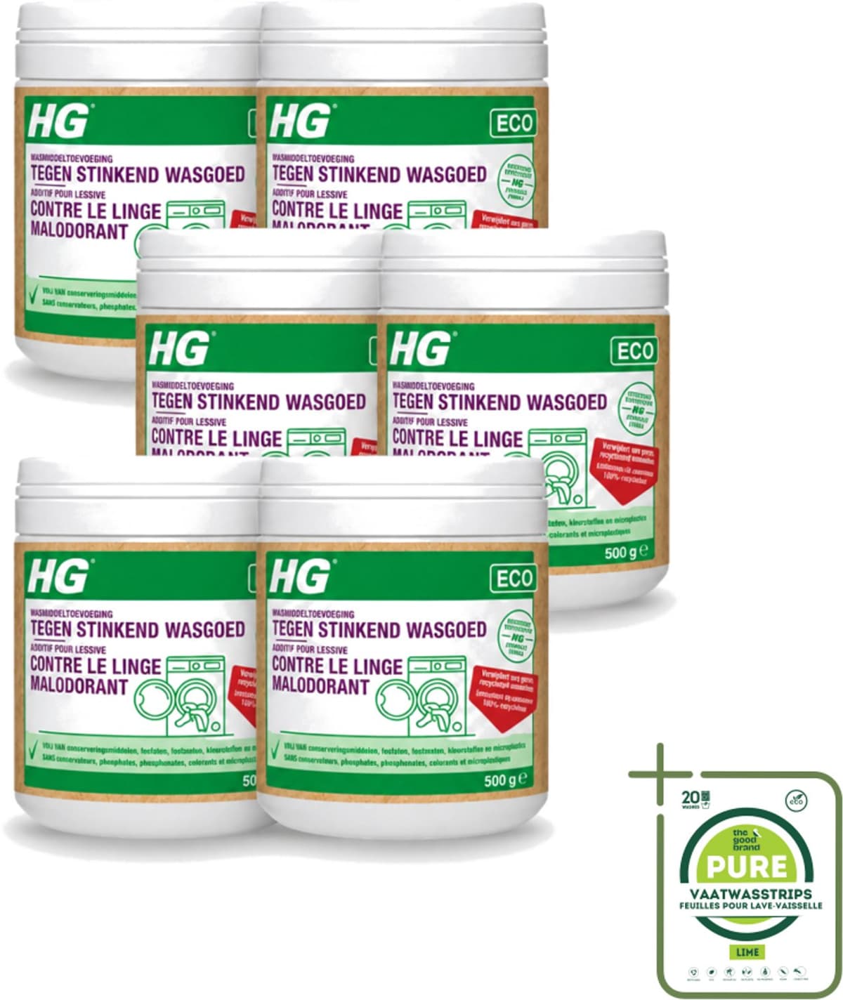 6 x HG ECO - Wasmiddeltoevoeging Tegen Stinkend Wasgoed - Effectieve Formule - 16 Wasbeurten - 500 g - Grootverpakking - Wasmiddel - Stankmoleculen - Wasgoed - Wasmiddeltoevoeging - Stinkend Wasgoed — afbeelding 1
