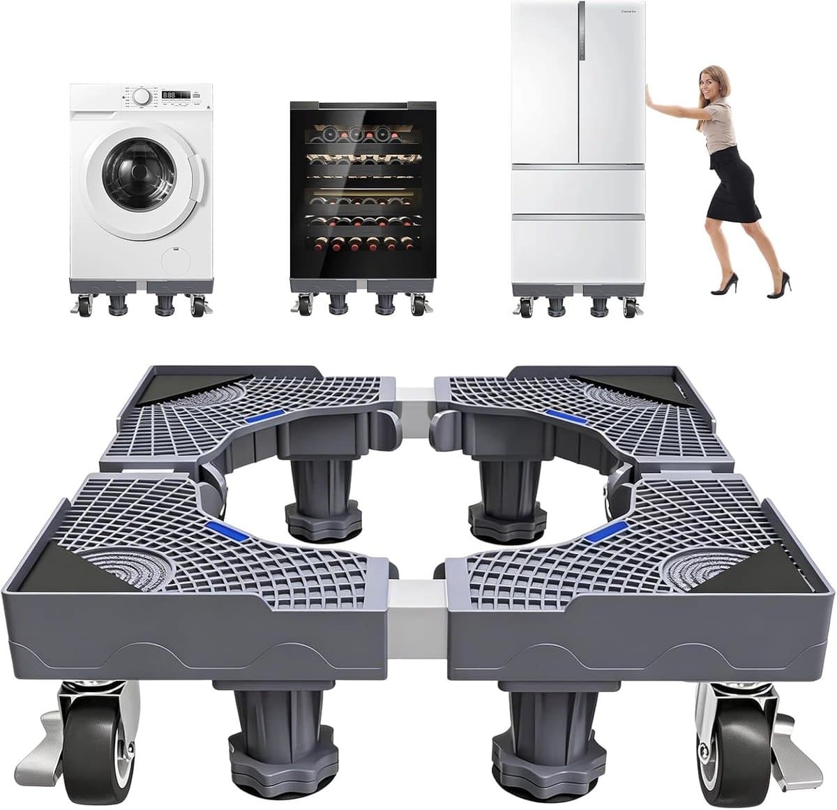 Wasmachineonderstel met 4 wielen en 4 poten, verstelbaar 41-66 cm lengte en 10-13 cm hoogte, berenbelasting 200 kg, voetstuk voor wasmachine, droger, koelkast, antislip — afbeelding 1