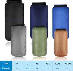 Set van 6 waterdichte droogtassen, combinatie van waterdichte tassen, lichtgewicht, 20 l, 15 l, 10 l, 8 l, 5 l, 3 l, verstelbare schouderriem voor kajakken, wandelen, kamperen, Donkere kleur, 20L, 15L — thumbnail 2