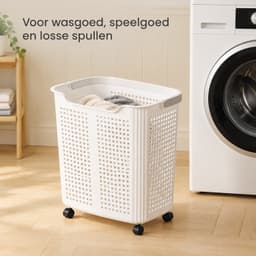 Grote witte wasmand op wielen, 36 x 26 x 33,5 cm, opengewerkte wanden en twee handgrepen, voor wasgoed en speelgoed — thumbnail 2