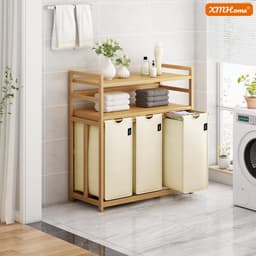 Wasmand 148L met 3 Vakken - Bamboe Wassorteerder met 2 Opbergplanken en Afneembare Waszak - 77,5 x 41,3 x 100,5 cm - Voor Badkamer, Slaapkamer en Wasruimte - Beige — thumbnail 5