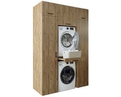Roomart DUO-I Wasmachine Ombouwkast 157x240 cm - Kastenwand 2 Hoge Kasten 45, Uittrekblad - Eiken
